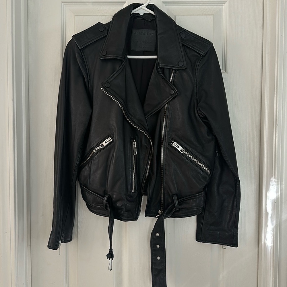 All Saints Balfern Black Biker Cropped Belted Leather Jacket $528.